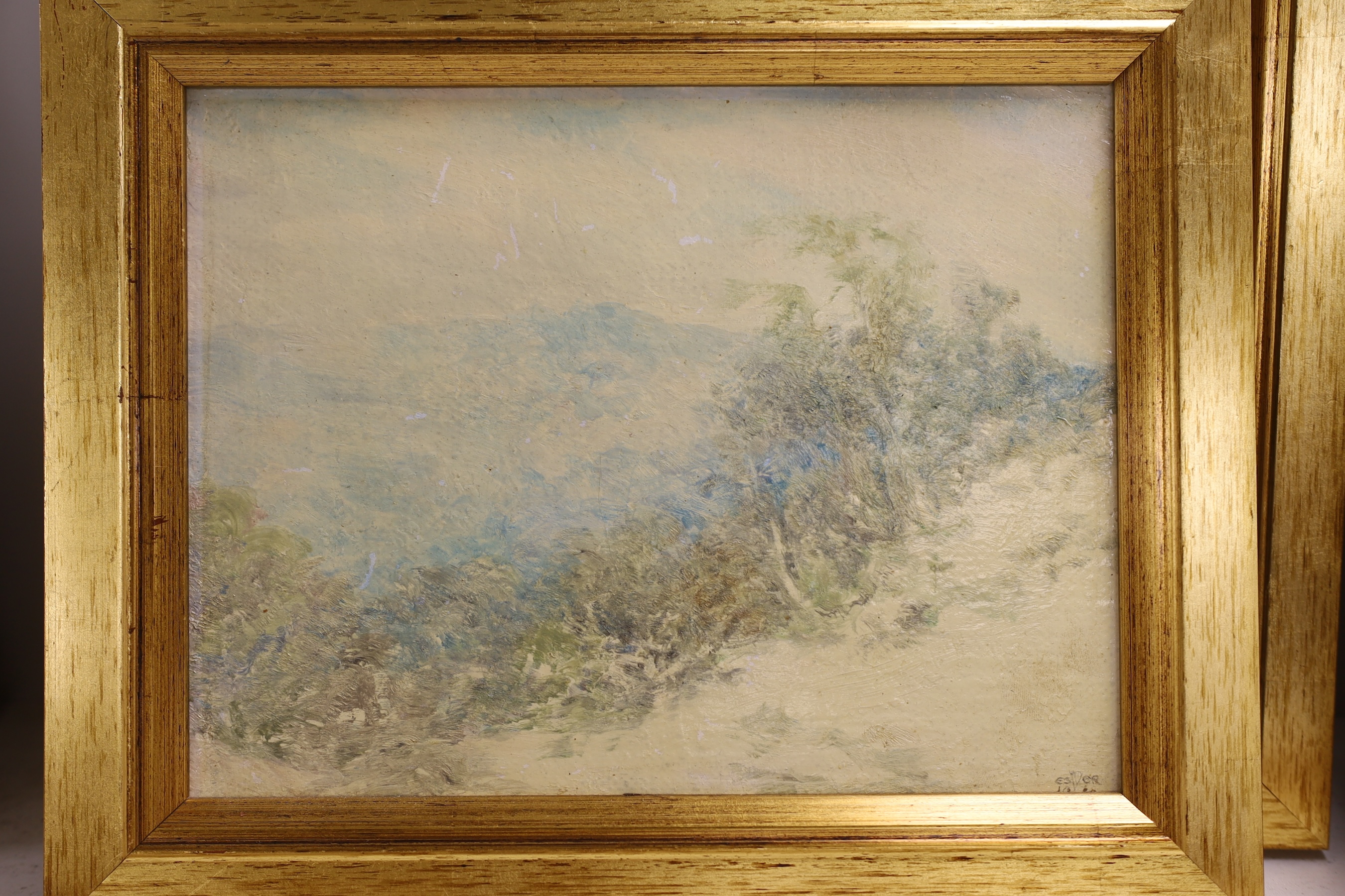 Edward Steel Harper (1878-1951), two oils on board, Landscapes including ‘A Winter Morning’, signed with monogram and dated 1919, one with ink inscription verso, 17 x 22cm and 24 x 19cm. Condition - poor to fair, surface